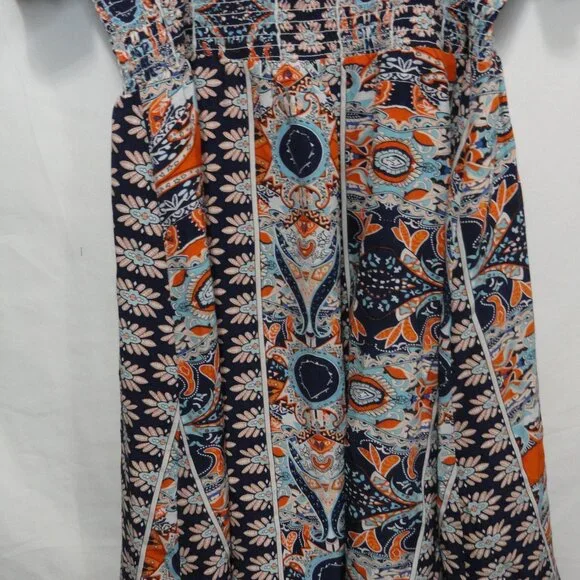 Shein Curve Boho Chic Dress Exotic Blue Orange Shirred bodice Women's Size 1X - Picture 3 of 9